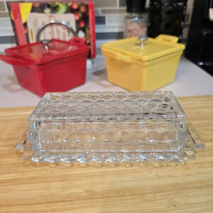 Vintage Clear Pressed Glass Butter Dish Diamond Point Pattern Lid‎ Tray